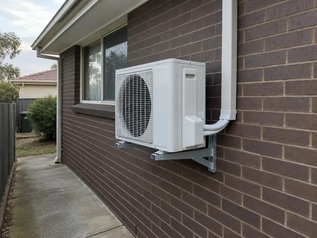 Outdoor split-system unit on wall brackets beside a brick house and window in Elizabeth South